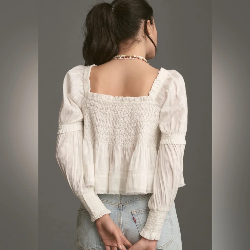 🖤 Anthropologie Puff-Sleeve Babydoll Top – Ivory | Size L